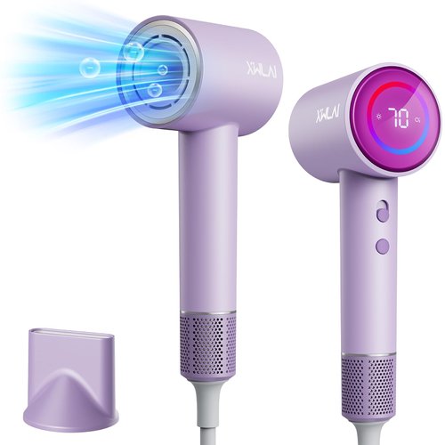 Hair Dryer, 110000 RPM High-Speed Brushless Motor Negative Ionic Blow Dryer for Fast Drying, Low Noise Thermo-Control Hair Dryer with Nozzle and Tri-Colour LED Light Ring for Home, Travel (Purple)