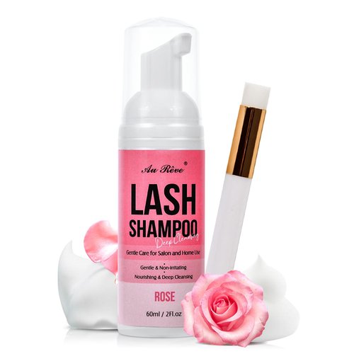 AuReve Lash Shampoo for Lash Extensions 60 Ml/2fl.oz Eyelash Extension Cleanser Oil Free Lash Cleanser for Eyelash Care, Gentle Foaming Eyelash Shampoo with Brush for Salon Home Care (Rose 60ml)
