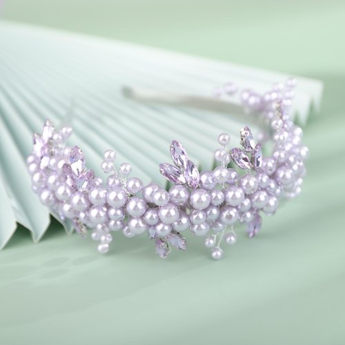 BERYUAN Pearls Rhinestone Wedding Headband Purple Teardrop Rhinestone Pearls Wedding Hair Accessories Princess Bridal Headband Pearls Wedding Headpiece for Brides Bridesmaid Girls (purple)