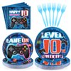 96 Pcs 10th Birthday Video Game Party Supplies 350 GSM Video Game Birthday Decorations Disposable Paper Plates and Napkins Tableware Set for Kids Boys 10th Birthday Gamer Gaming Party Serves 24