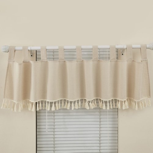 Brandream Window Valance Cotton Curtain for Baby/Toddler/Kid Bedroom Bath Laundry Living Room, Solid Beige Farmhouse Chic Unisex Minimalist Tassel Fringe Macrame Cozy 100% Washed Cotton