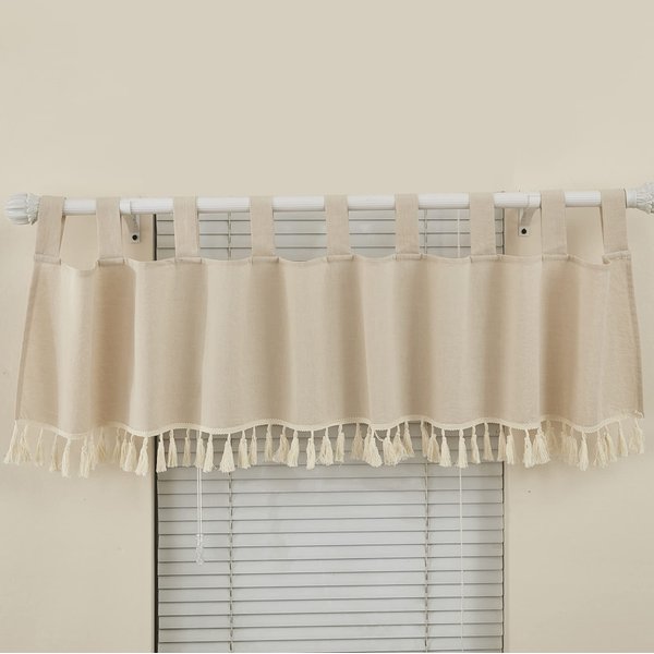 Brandream Window Valance Cotton Curtain for Baby/Toddler/Kid Bedroom Bath Laundry Living Room, Solid Beige Farmhouse Chic Unisex Minimalist Tassel Fringe Macrame Cozy 100% Washed Cotton