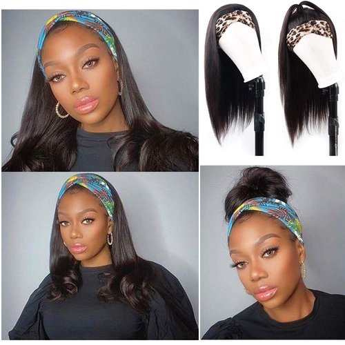 Long Wig 24Inch Headband Human Hair Wigs #1B Natural Black Glueless Non Lace Front Wigs Silky Straight Brazilian Remy Hair 150% Density for Women Machine Made Wear and Go HalfWigs with Headbands