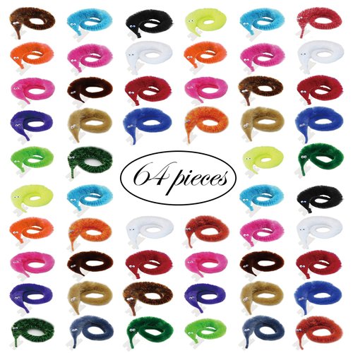 Happy Will 64 Pcs Worm on a Invisible String Worms Carnival Party Favors for Kids Birthday Christmas(Random Colors)
