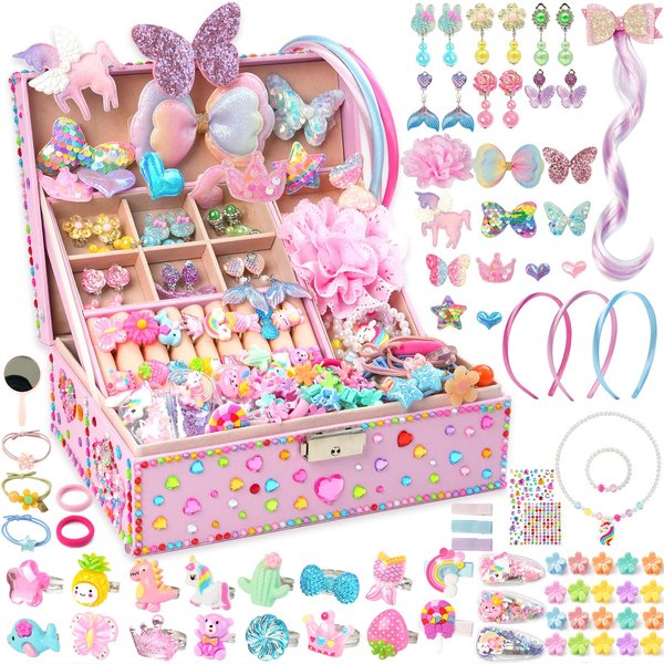 ZMLM Jewelry Gifts Toys for Girls: Unicorn Jewelry Box Ring Earring Necklace Set Valentines Day Gifts Easter Birthday Gifts, Art Craft DIY Headband Making, Pretend Play Toys for Girls 4 5 6 7 8 9 10