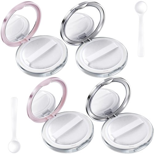 OIIKI 4 Packs Loose Powder Compact Containers, 3g Refillable Container with Powder Puff, Mirror, Net, Spoon, Portable DIY Makeup Powder Compact Cases for Daily Use or Travel -Pink, Silver