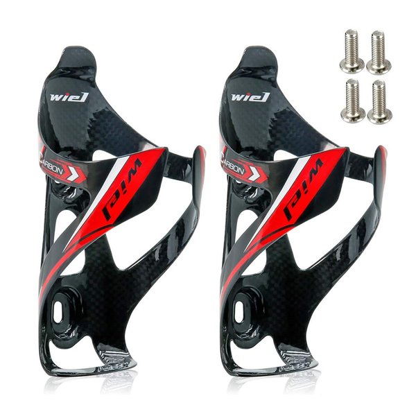 Wiel Full Carbon Fiber Bicycle Bike Light Drink Water Bottle Cage Holder (2Pcs Black Red)