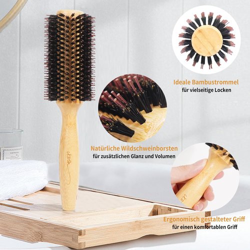 Vista Round Hair Brush with 10mm Boar Bristle 15mm Nylon Bristle Hairbrushes for Women Bamboo Hair Brush Styling with Tail Comb for Blow Drying, Shiny, Smooth, Long, Curly Hair