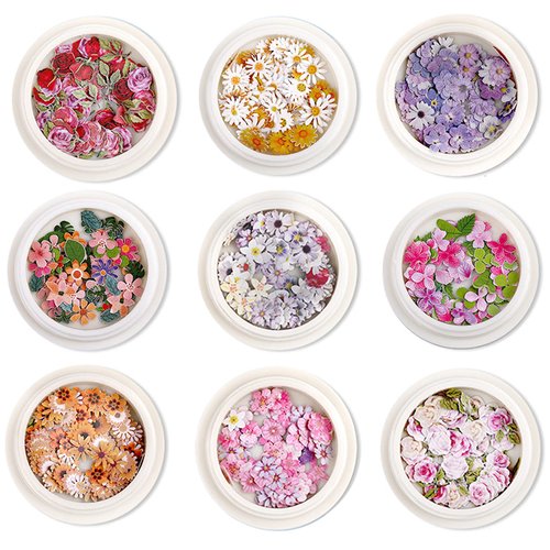 MAIOUSU STORE 9 Boxes 450pcs 3D Flower Nail Art Sequins Decals(not self-Adhesive not Stickers) Colorful Mixed Flowers Leaves Design Slice Nail Flowers Ultra Wood Pulp Flakes Sequins(Type 3)