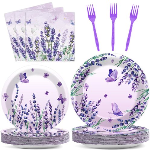 96 Pcs Purple Party Supplies Lavender Paper Plates Napkins Watercolor Floral Cake Dessert Party Tableware Set Butterfly Dinnerware for Thanksgiving Birthday Party Baby Shower Decoration Serve 24