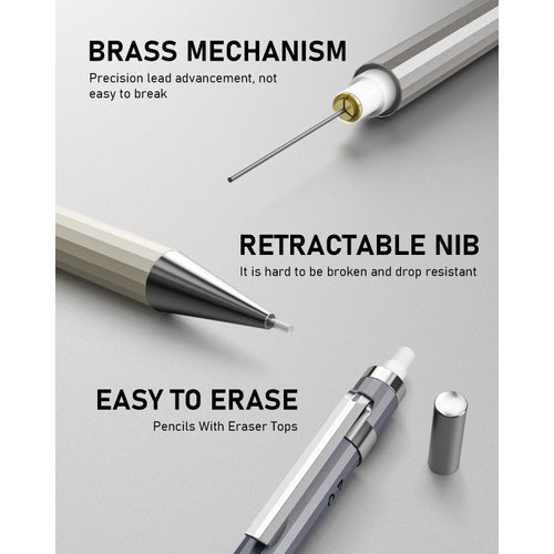 Nicpro 20PCS 0.5mm & 0.7mm Metal Mechanical Pencils Set, Lead Drafting Pencil for Artist Writing, Sketching, Drawing with 8 Tubes HB Lead Refills, 3PCS 4B Erasers, 9PCS Eraser Refills | Come with Case