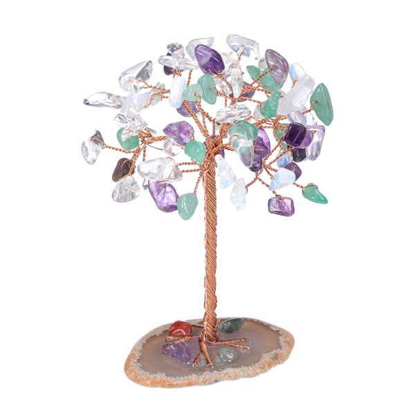 Jovivi Natural Amethyst + Green Aventurine + Opal Healing Crystals Tree on Agate Slice Base Healing Stones Gem Money Tree for Feng Shui Home Office Table Decorations