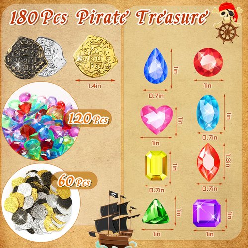 MARFOREVER 180 PCS Pirate Treasure Pool Gems Toys - Dive Toys Set 120 Pool Gems Diamonds and 60 Plastic Gold Coins Summer Throw Diving Toys for Boys Girls Water Beach Sand Pirate Party Supplies Favors