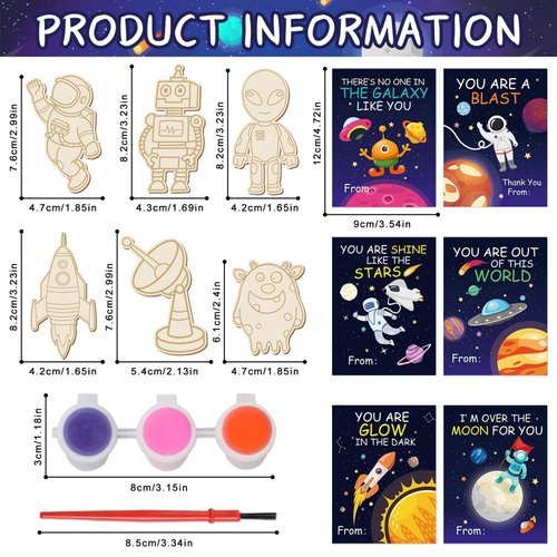 36Pcs Space Party Favors Space Cards with Art Supplies Outer Space Wood Painting Craft Kits for Astronaut Planet Thank You for Coming Gifts for Kids Boys Girls Solar System Birthday Gifts Bulk Decor