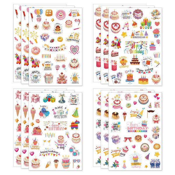 12 Sheets Happy Birthday Sticker Decal, Diverse Styles Cute Adhesive Sticker for Kid Classroom Card Adults DIY Craft Gift Bag Envelope Decoration Party Favors Supplies