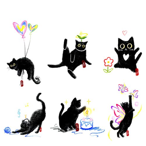 INKARTLINK 6 Design/set temporary tattoo, colorful tattoo stickers, immediate color development, lasting 1-3 days,Waterproof, simulation, cute, cartoon, female fake tattoo stickers (Black cat 2)