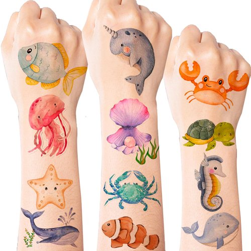 144 PCS Ocean Sea Animal Temporary Tattoos Fish Shark Turtle Tattoos Under The Sea Creature Birthday Party Favors for Kids Ocean Animals Baby Shower Decorations Ocean Themed Birthday Party Supplies