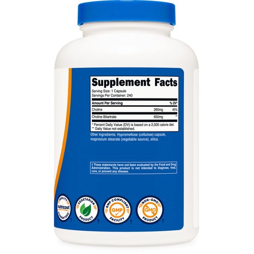 Nutricost Choline Bitartrate 650mg, 240 Vegetarian Capsules - Non-GMO, Vegetarian Friendly, Gluten Free