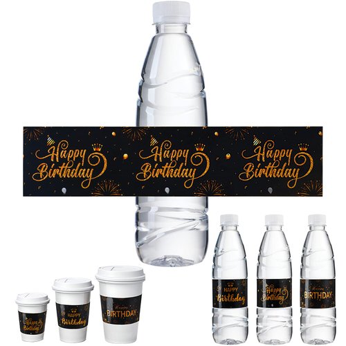 30 Pieces Black and Gold Happy Birthday Party Water Bottle Labels, Birthday Waterproof Water Bottle Wrapper Labels Personalized Bottle Decorations Stickers for Girls Boys Women Men Birthday Supplies