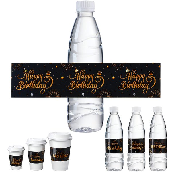 30 Pieces Black and Gold Happy Birthday Party Water Bottle Labels, Birthday Waterproof Water Bottle Wrapper Labels Personalized Bottle Decorations Stickers for Girls Boys Women Men Birthday Supplies