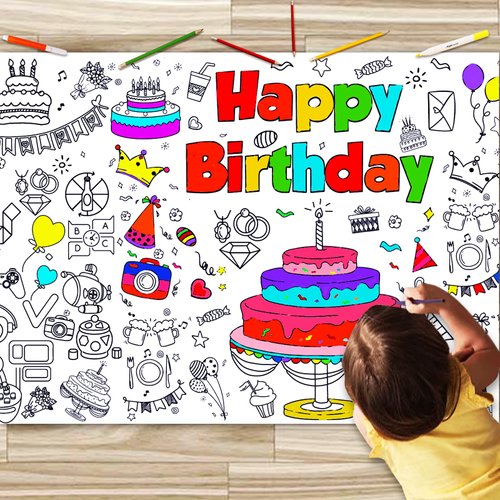 JUNQIU Happy Birthday Coloring Tablecloth, 72 * 31Inch Giant Coloring Poster for Kids, Coloring Paper Roll for Party Activities/Coloring Game/Birthday Party Games/Birthday Crafts for Kids Party