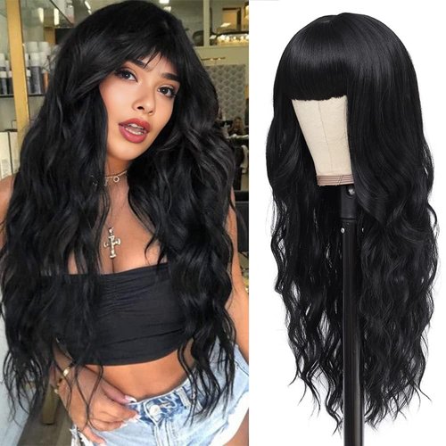 IFSUP Long Black Wavy Wig with Bangs 26inch Curly Black Wigs for Women Premium Protein Fiber Hair Replacement Wigs Natural Looking Hair Replacement Wigs(26'' 1B)