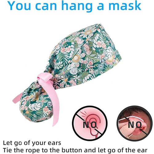 FADACHY Scrub Caps Women Ponytail, Working Cap with Button Long Hair, Adjustable Scrub Cap with Ponytail Holder, Tie Back Hats Nurse Cap for Women