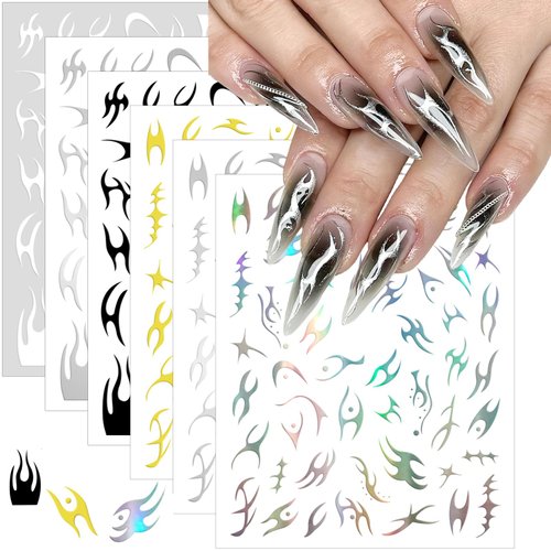 Silver Nail Stickers Y2K 3D Self-Adhesive Chrome Nail Art Stickers Metal Flame Nail Decals Holographic Gold Fish Bone Design Irregular Laser Stripe Lines Nail Supplies for Nail Manicure Decor 6 Sheets