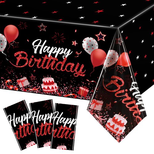 Breling 3 Pack Birthday Party Supplies Confetti Sprinkles Happy Birthday Tablecloths Starry Table Covers for Kids Adults Birthday Party Decorations, 54 x 108 Inches (Red and Black)