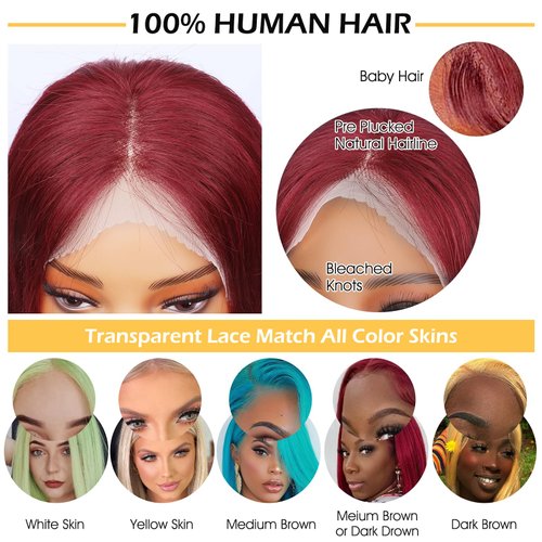 FAVE 12 Inch Burgundy Bob Wig Human Hair 13x4 Frontal Lace Wig 180% Density Bob Glueless Wigs Human Hair Pre Plucked with Baby Hair Natural Black Short Human Hair Wigs for Black Women