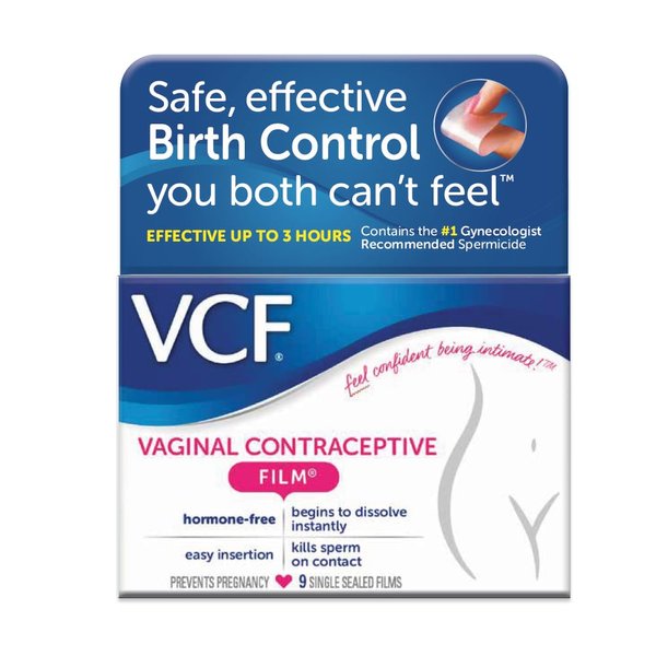 VCF Vaginal Contraceptive Film with Spermicide, 1 Box of 9 Prevents Pregnancy, Nonoxyl-9 Kills Sperm on Contact, Hormone-Free, Easy to Use, Unnoticeable, 9 Total