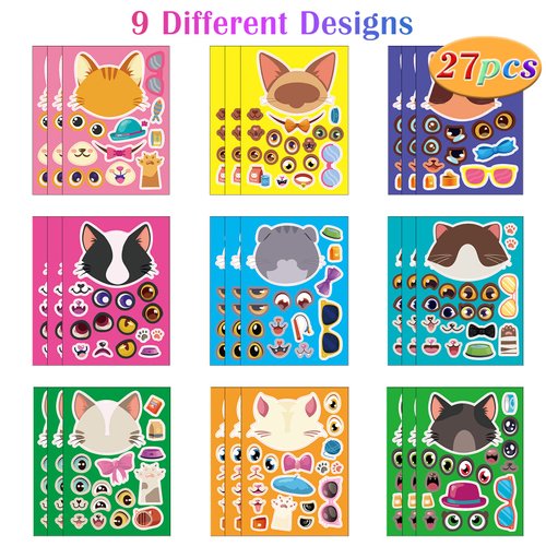 27 Sheets Cat Make a Face Sticker Sheets for Kids Todders Activities, Make Your Own Stickers for Kids Birthday Party Favor Supplies Craft