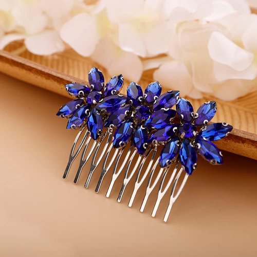 Chargances Bride Wedding Crystal Flower Hair Comb Blue Rhinestone Hair Side Comb Fashion Handmade Headpiece Hair Accessories for Bridal Wedding Prom Flower Girl (Royal Blue)