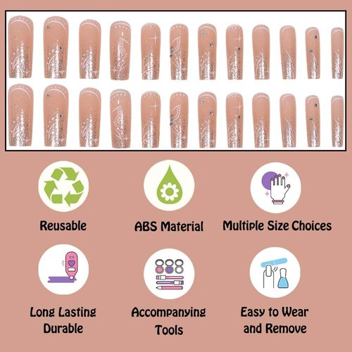 ANDGING Pink Press on Nails Long Square Fake Nails for Women with White Butterfly Rhinestone pearl Design French Tip Glue on Nails Acrylic False Nails Square Stick on Nails for Wedding Birthday 24Pcs