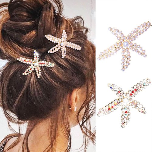 Banatra Starfish Hair Clips Pearl Gold Hair Clip Barrettes Rhinestone Hair Pins Mermaid Hair Accessories for Women and Girls (Pack of 2)