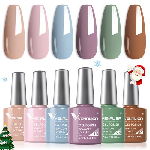 VENALISA Gel Polish Set- 6 Colors Popular Nude Pink Blue Green Brown Purple Gel Polish Kit, DIY at Home Salon Christmas New Year's Gifts for Girls