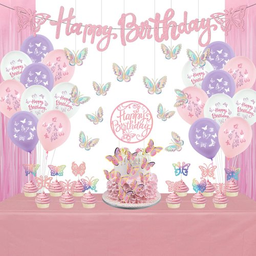 Butterfly Birthday Party Decorations - Butterfly Happy Birthday Banner, Latex Balloons, 3D Butterfly Stickers, Cake Topper, Fringe Curtains and Tablecloth for Girls Spring Garden Party Supplies