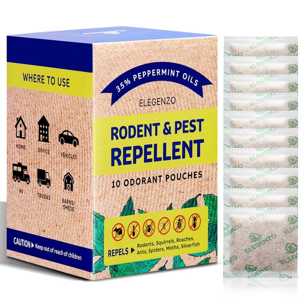 ELEGENZO Mouse Repellent Pouches with Peppermint Oil - Repels Mice, Rats, Squirrels, Roaches, Ants, Spiders, Moths (1 Count (Pack of 10))