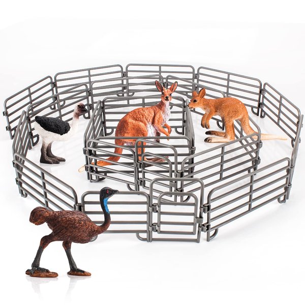 BRETOYIN 24PCS Wildlife Animals Fence Toy Accessories Playset with Kangaroo Australian Ostrich for Toddlers Kids Preschool Educational Gift Sets Farm Addition