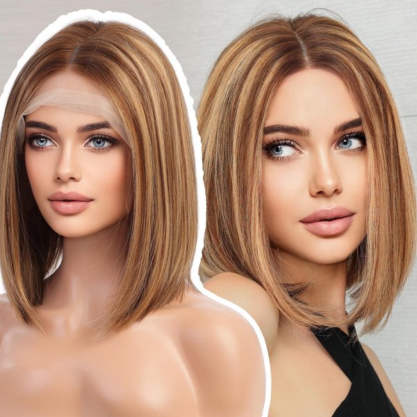 Getshow Human Hair Lace Wig Brown Mixed Blonde Highlights with Dark Roots Bob Wigs for Women