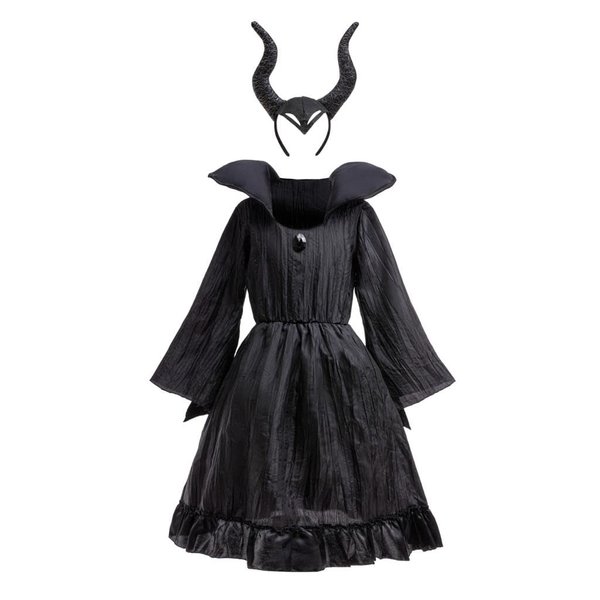 Dressy Daisy Little Girls Dark Evil Fairy Halloween Costume Fancy Party Black Dress Set with Horns Headband Size 7-8, M