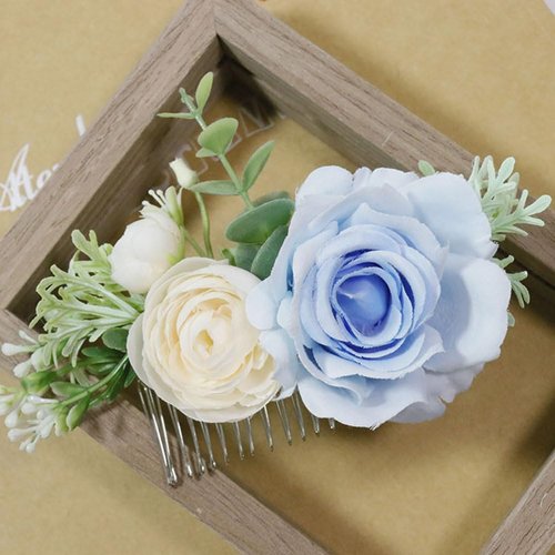 MAFELOE Artificial Flower Bridal Hair Comb, Wedding Hair Side Comb, Hair Accessories for Women and Girls-Light Blue+Beige