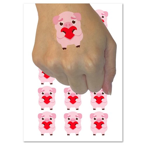 Cautious Pig with Heart in Hands Temporary Tattoo Water Resistant Fake Body Art Set Collection - 54 1" Tattoos (1 Sheet)