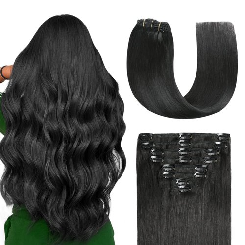 Sunya Clip in Hair Extensions Real Human Hair Jet Black Human Hair Clip in Extensions Double Weft Black Human Hair Clip ins Straight Hair Extensions Clip ins 20 Inch #1 8Pcs/120g