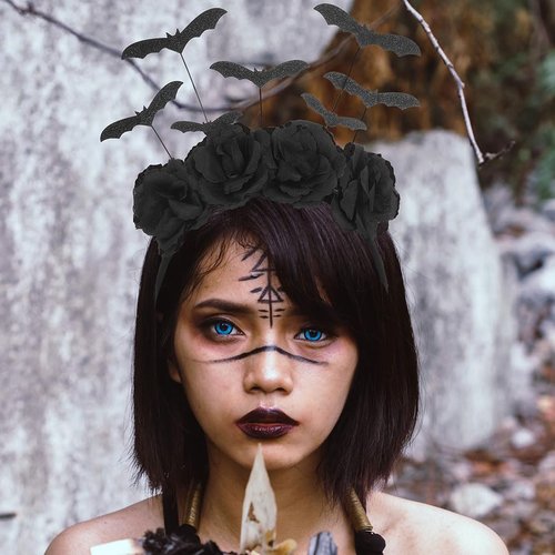 Jovono Halloween Headbands Black Bat Rose Headband Flower Hair Band Costume Hair Accessories for Women(1Pcs)