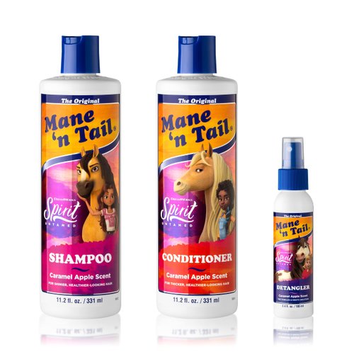 Mane 'n Tail Spirit Untamed Shampoo, Conditioner & Detangler Set – Caramel Apple Scented, Gentle Coconut Oil Formula for Kids, Soft, Silky Hair (Shampoo & Conditioner 11.02 oz Each, Detangler 3.4 oz)