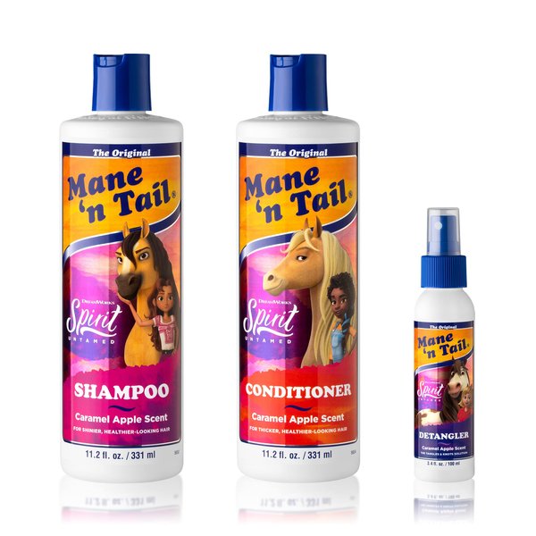 Mane 'n Tail Spirit Untamed Shampoo, Conditioner & Detangler Set – Caramel Apple Scented, Gentle Coconut Oil Formula for Kids, Soft, Silky Hair (Shampoo & Conditioner 11.02 oz Each, Detangler 3.4 oz)