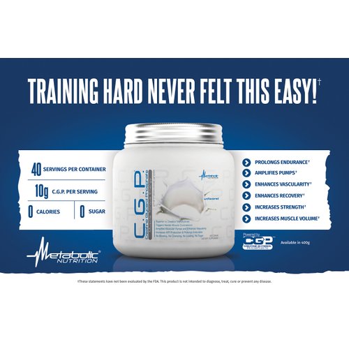 Metabolic Nutrition, CGP, Creatine Glycerol Phosphate, 100% Micronized Creatine Powder, Pre Intra Post Workout Supplement, Blue Raspberry, 400 Grams (40 Servings)