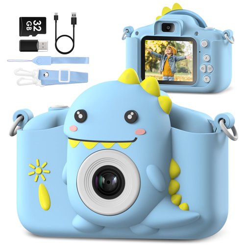 Kids Dinosaur Camera for 3-12 Years Old Toddlers Childrens Boys Girls Christmas Birthday Gifts Selfie Digital Toy Camera with 32GB Card
