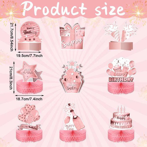 Teling 9 Pack Happy Birthday Party Decorations Birthday Table Honeycomb Centerpiece Double Sided Rose Gold Centerpieces for Table Birthday Table Decorations for Women Girls